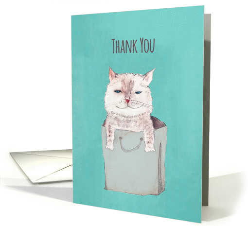 Thank You, Cat Sitter, Illustration, grinning Cat in a Bag card