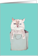 Blank Note Card, Illustration, grinning Cat in a Bag card