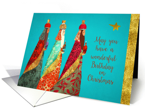Happy Birthday and Merry Christmas, Wise Men, Gold Effect card