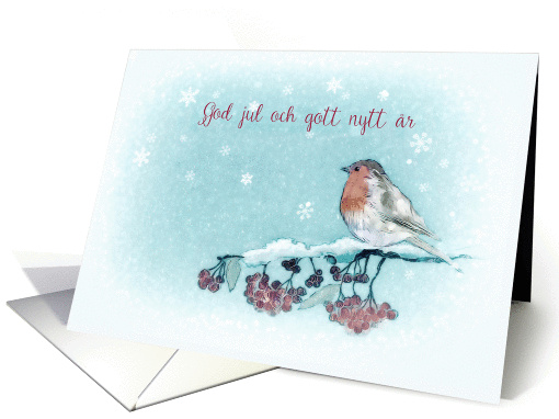 Merry Christmas in Swedish, God Jul, Robin, Berries, Painting card