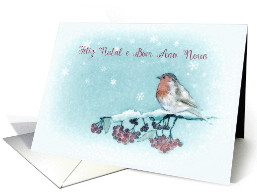 Merry Christmas in Portuguese, Robin, Berries, Painting card (1399612)
