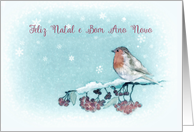 Merry Christmas in Portuguese, Robin, Berries, Painting card