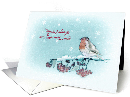 Merry Christmas in Finnish, Robin, Berries, Painting card (1399904)