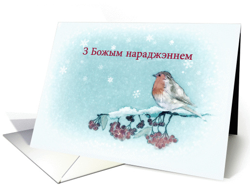Merry Christmas in Belarusian, Robin, Berries, Painting card (1399962)