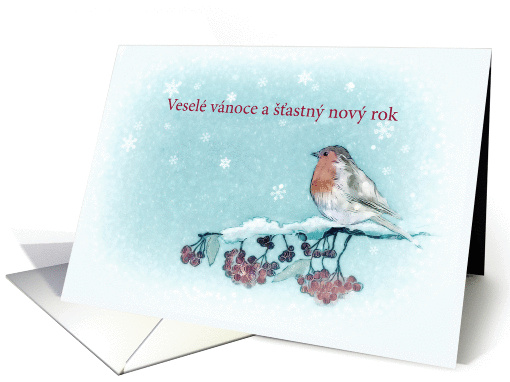 Merry Christmas in Czech, Robin, Berries, Painting card (1399972)
