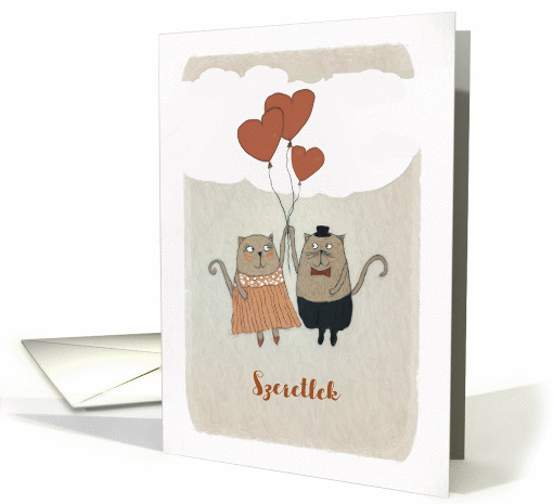 I love You in Hungarian, Szeretlek, Illustration, Cats, Hearts card