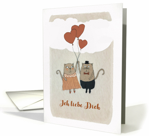 I love You in German, Ich liebe Dich, Illustration, Cats, Hearts card