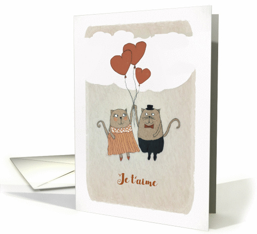 I love You in French, Je t'aime, Illustration, Cats, Hearts card