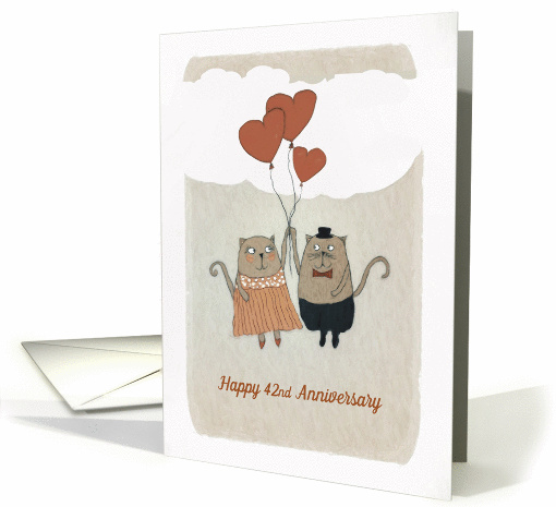 Happy 42nd Wedding Anniversary, Illustration, Cats and hearts card