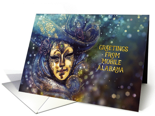 Greetings from Mobile, Alabama, Mardi Gras, Gold Effect, Mask card