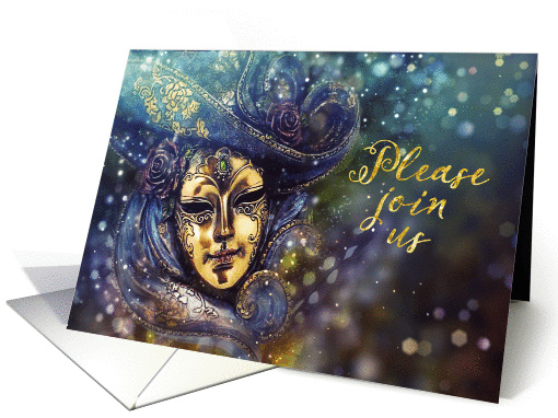 Please join us, Invitation Costume Party, Mask, Gold Effect card