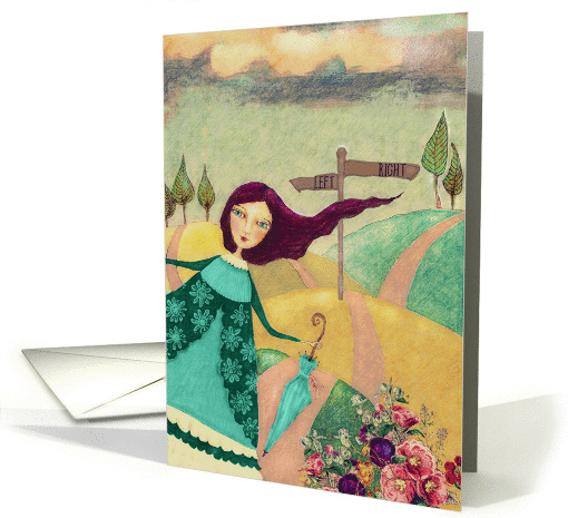 Blank Note Card, Woman, Paths, Folk Art Painting card (1425184)