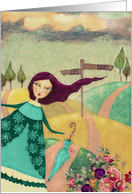 Blank Note Card, Woman, Paths, Folk Art Painting card