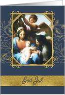 Merry Christmas in Norwegian (God Jul), Nativity,Gold Effect card