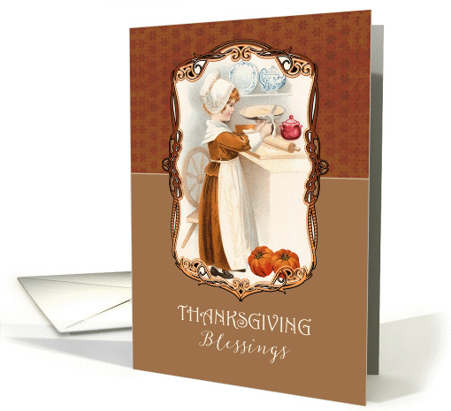 Thanksgiving Blessings, Scripture, Vintage Pilgrim Lady, Pumpkins card