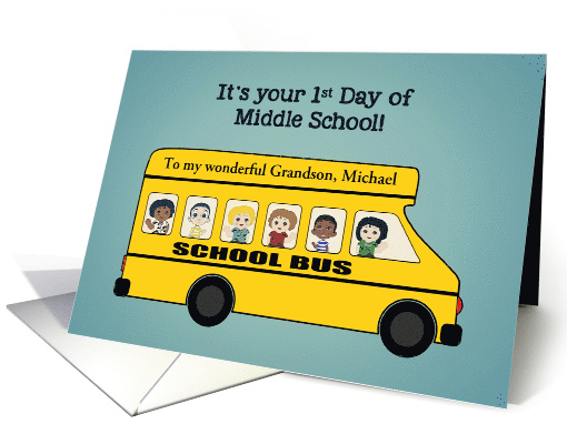 Customizable, 1st Day of Middle School, Bus, Waving Children card