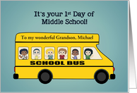 Customizable, 1st Day of Middle School, Bus, Waving Children card