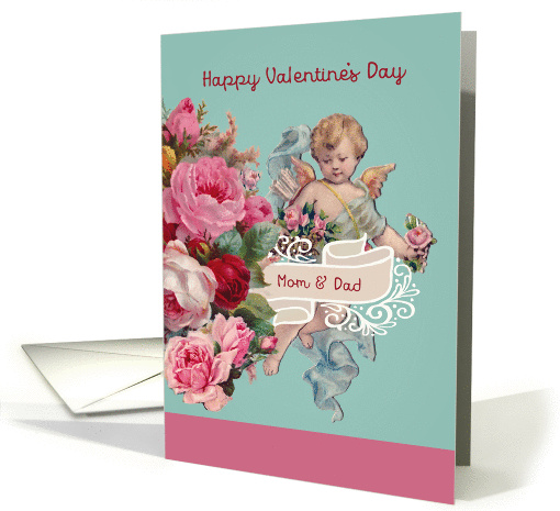 Happy Valentine's Day, Mom and Dad, Vintage Cherub and Roses card