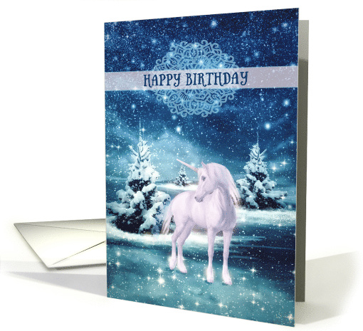 Happy Magical Birthday, Unicorn, Winter Landscape card (1466364)