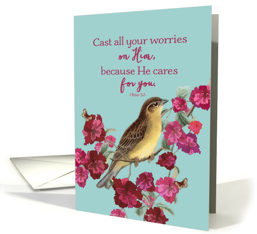 1 Peter 5:7, Christian Encouragement, Do Not Worry, Bird, Flowers card