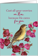 1 Peter 5:7, Christian Encouragement, Do Not Worry, Bird, Flowers card