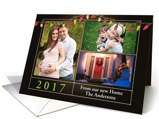 Photo card, Christmas, Customizable, Light Bulbs, Green and Red card
