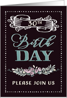 30th Birthday Party Invitation, Contemporary, floral, Black card