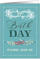21st Birthday Party Invitation, Word-Art, Floral, Trendy, Mint card