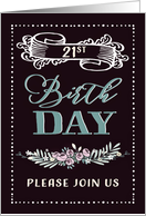 21st Birthday Party Invitation, Word-Art, Floral, Trendy, Black card