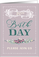 20th Birthday Party Invitation, Word-Art, Floral, Trendy, Lavender card