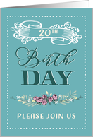 20th Birthday Party Invitation, Word-Art, Floral, Trendy, Mint card