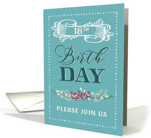 18th Birthday Party Invitation, Word-Art, Floral, Trendy, Mint card