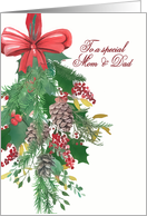 To a special Mom and Dad, Merry Christmas, Hanging Wreath, Painting card