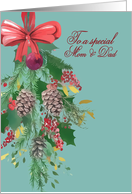 To a special Mom and Dad, Merry Christmas, Hanging Wreath, Painting card