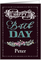 Customizable, Happy Birthday, Word-Art, Floral, Trendy, Black card