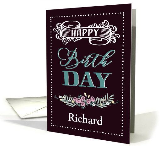 Customizable, Happy Birthday, Word-Art, Floral, Trendy, Black card