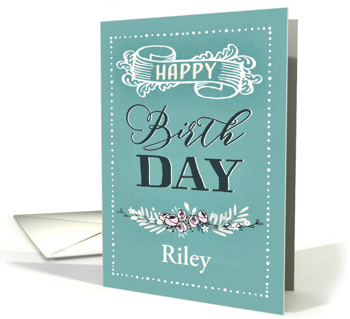 Customizable, Happy Birthday, Word-Art, Floral, Trendy, Mint card