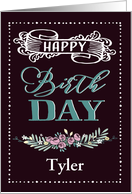 Customizable, Happy Birthday, Word-Art, Floral, Trendy, Black card