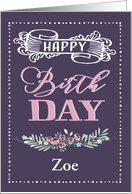 Customizable, Happy Birthday, Word-Art, Floral, Trendy, Lavender card