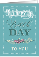 Happy Birthday, Retro Card, Word-Art, Flowers, Mint card
