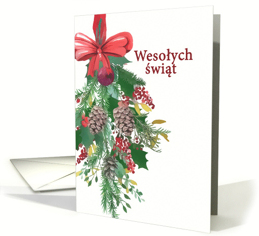 Polish, Merry Christmas, Watercolor Wreath and Ribbon card (1486902)