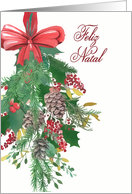 Portuguese, Feliz Natal, Merry Christmas, Watercolor Wreath and Ribbon card