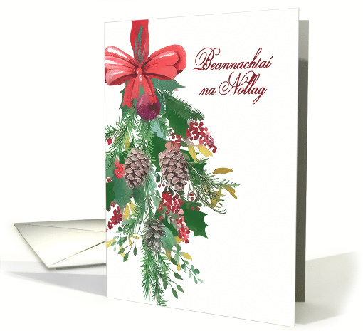 Irish Gaelic, Merry Christmas, Watercolor Wreath and Ribbon card