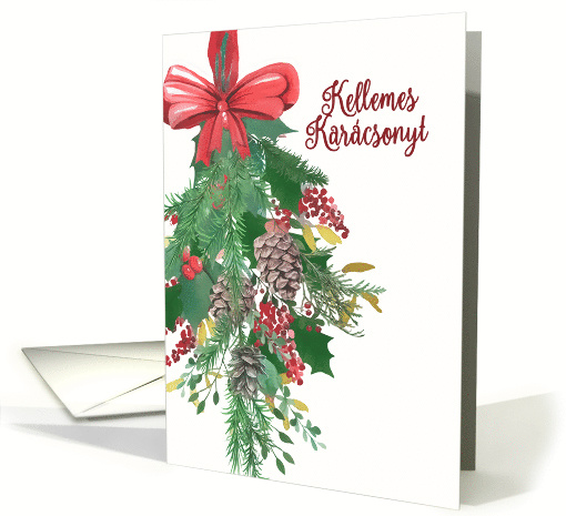 Hungarian, Merry Christmas, Watercolor Wreath and Ribbon card