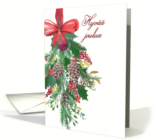 Merry Christmas in Finnish, Watercolor Wreath and Ribbon card