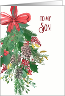 To my Son, Christmas, Watercolor Wreath and Ribbon card