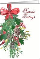 Season’s Greetings, Wreath, Red Bow, Watercolor card