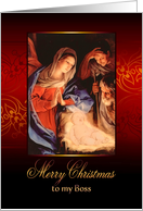 To my Boss, Merry Christmas, Nativity, Gold Effect card