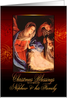 Nephew and his Family, Christmas Blessings, Nativity, Gold Effect card