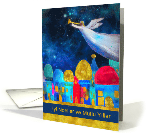 Merry Christmas in Turkish, Angel, Bethlehem, Gold-Effect card